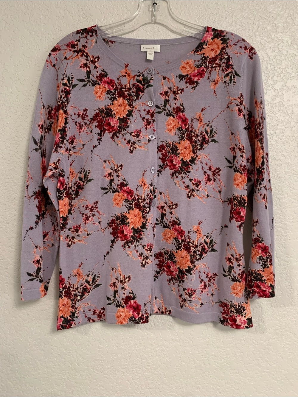 Garnet Hill Cardigan Sweater Womens L Merino Wool Floral Lightweight Preppy Boho